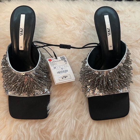 Zara Shoes - Zara Mules NYE Size 39, US 8 NWT Rubber sole Silver sequin and beading, AIRFIT